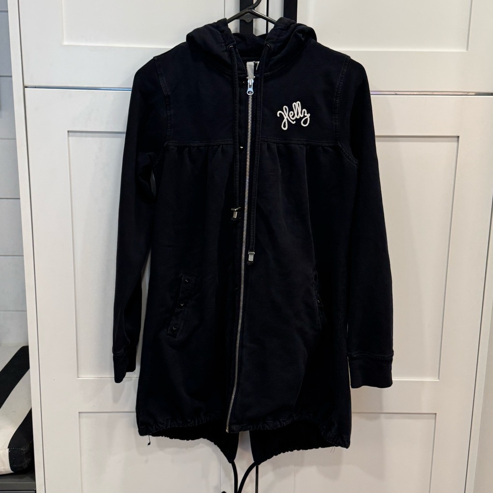 Women's Black Hellz Bellz rockabilly zip up black long jacket size small